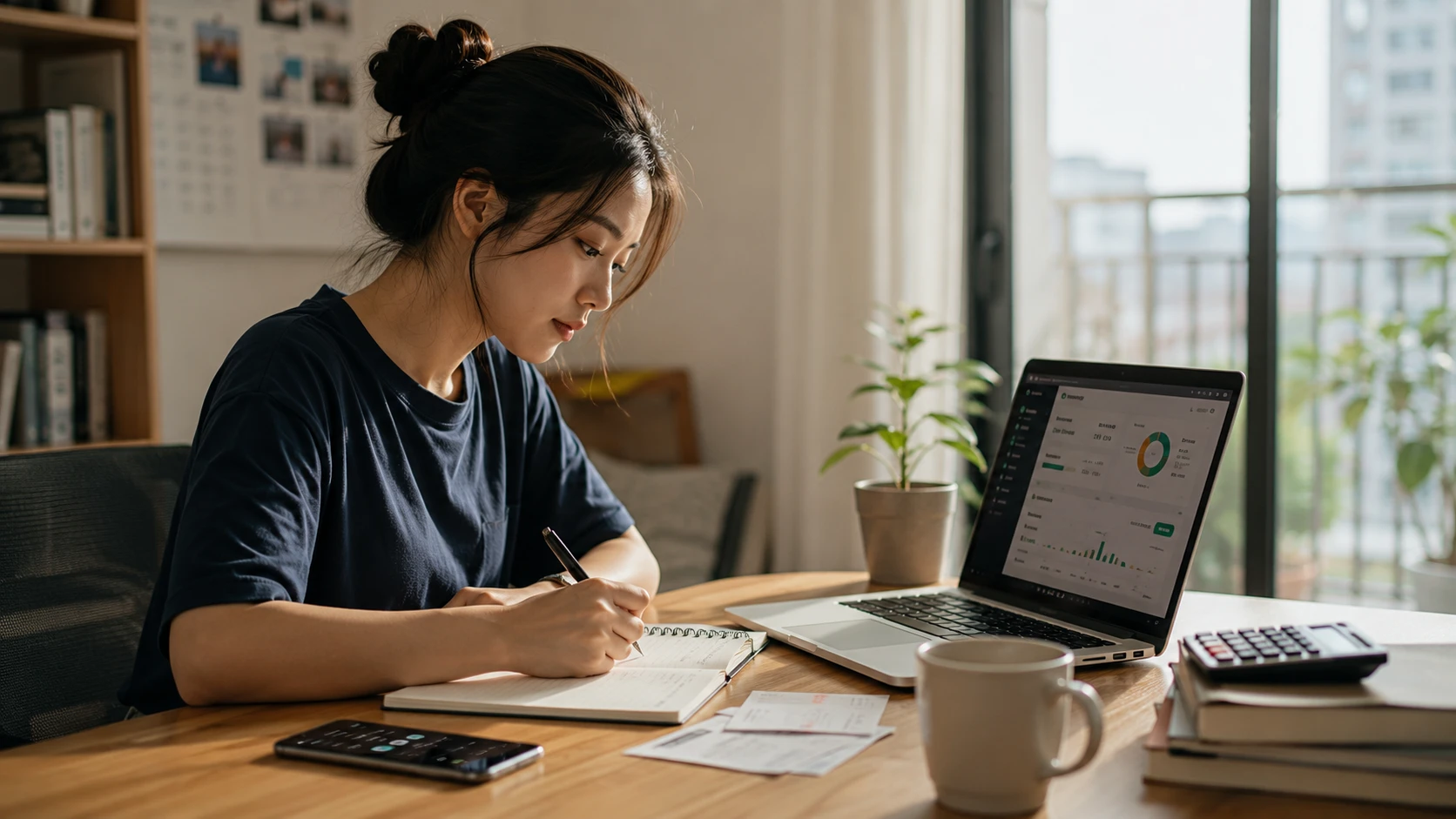 Người ngồi ghi chép chi tiêu vào sổ tay bên cạnh laptop hiển thị biểu đồ dòng tiền