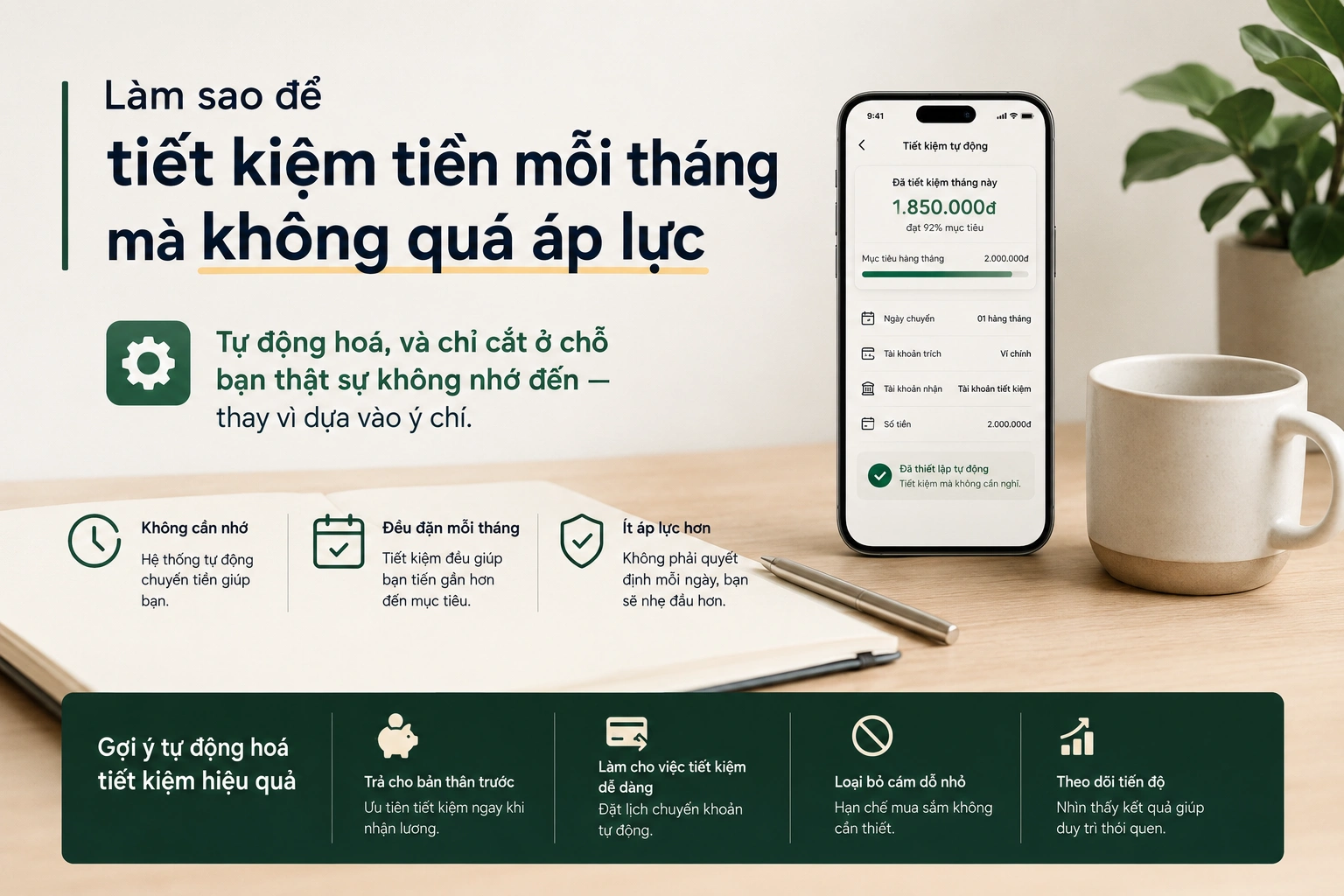 Điện thoại đặt trên bàn hiển thị lệnh chuyển tiền tiết kiệm tự động hằng tháng, bên cạnh sổ tay và tách cà phê — cùng các lợi ích: không cần nhớ, đều đặn mỗi tháng, ít áp lực hơn