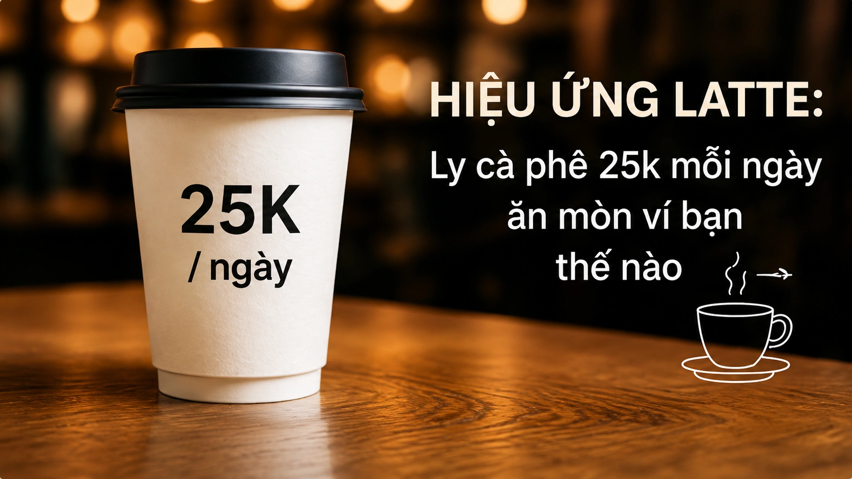 Ly cà phê mang đi in dòng chữ 25K mỗi ngày, đặt trên bàn gỗ trong quán — minh hoạ khoản chi nhỏ lặp lại hằng ngày