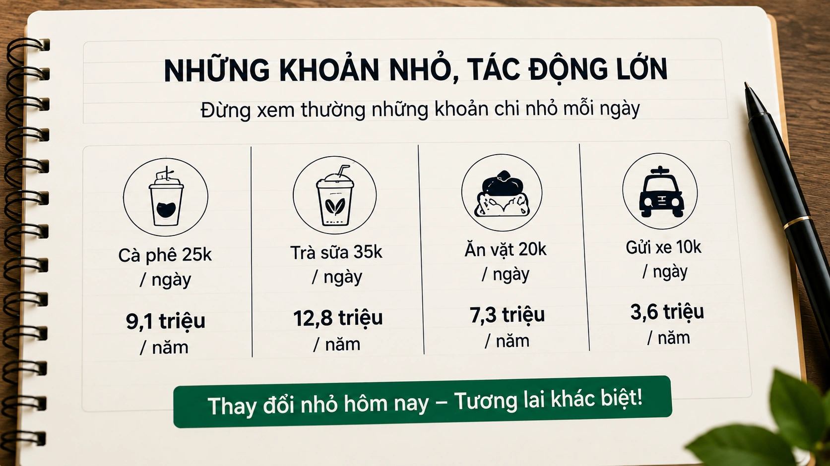 Trang sổ tay liệt kê bốn khoản chi nhỏ hằng ngày — cà phê, trà sữa, ăn vặt, gửi xe — kèm số tiền tương ứng khi cộng dồn cả năm