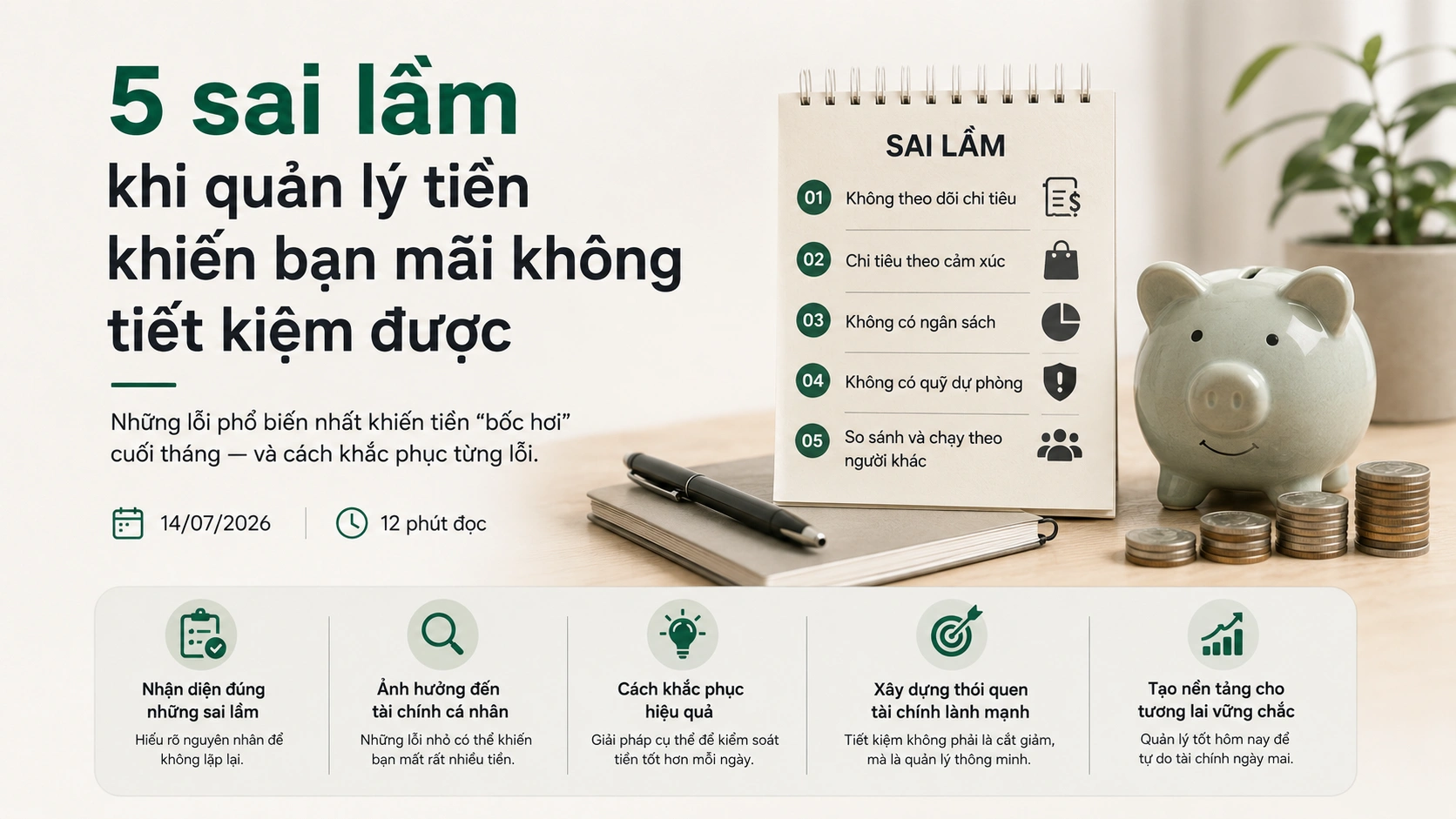 Cuốn sổ lò xo mở trang liệt kê năm sai lầm khi quản lý tiền, đặt cạnh con heo đất và những chồng xu trên bàn gỗ