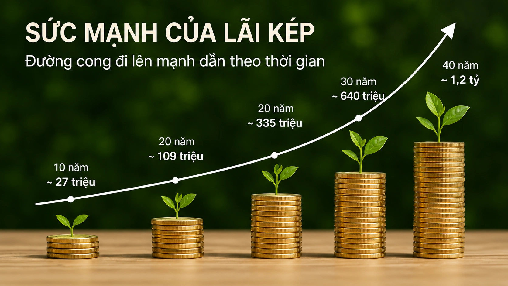 Năm chồng xu cao dần, mỗi chồng mọc một mầm cây, kèm đường cong đi lên mạnh dần theo thời gian — minh hoạ số tiền tích luỹ tăng nhanh ở những năm về sau