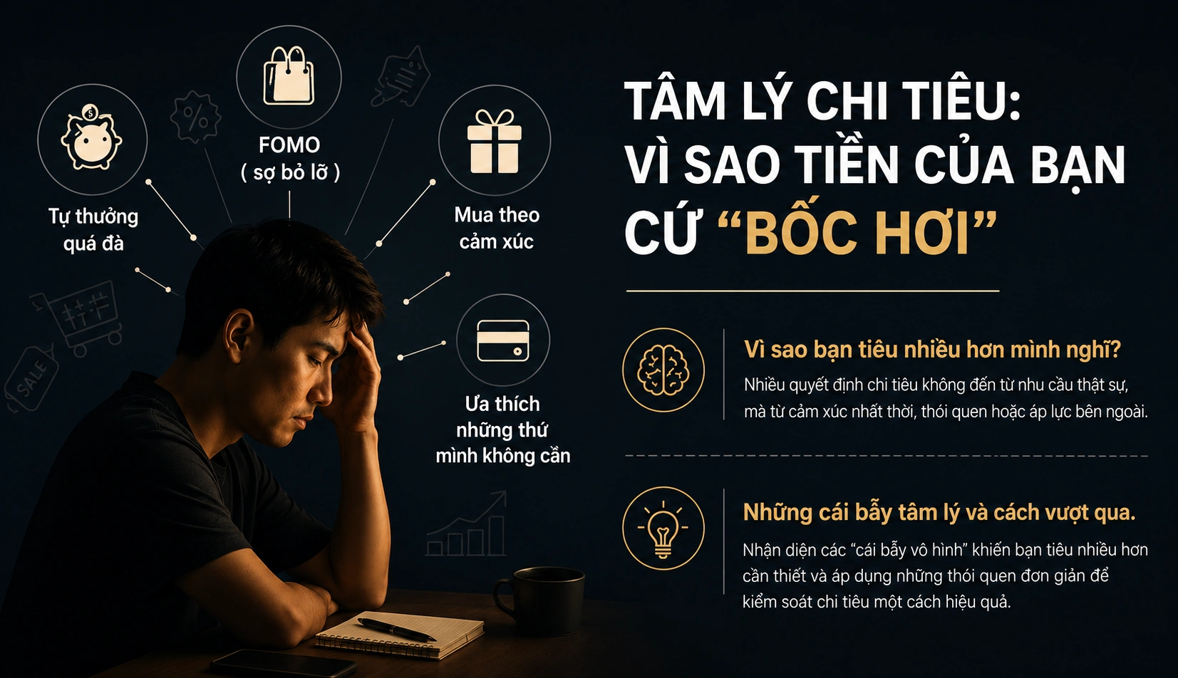 Người ngồi ôm đầu mệt mỏi, xung quanh là các bẫy tâm lý chi tiêu: tự thưởng quá đà, FOMO sợ bỏ lỡ, mua theo cảm xúc, ưa thích những thứ mình không cần